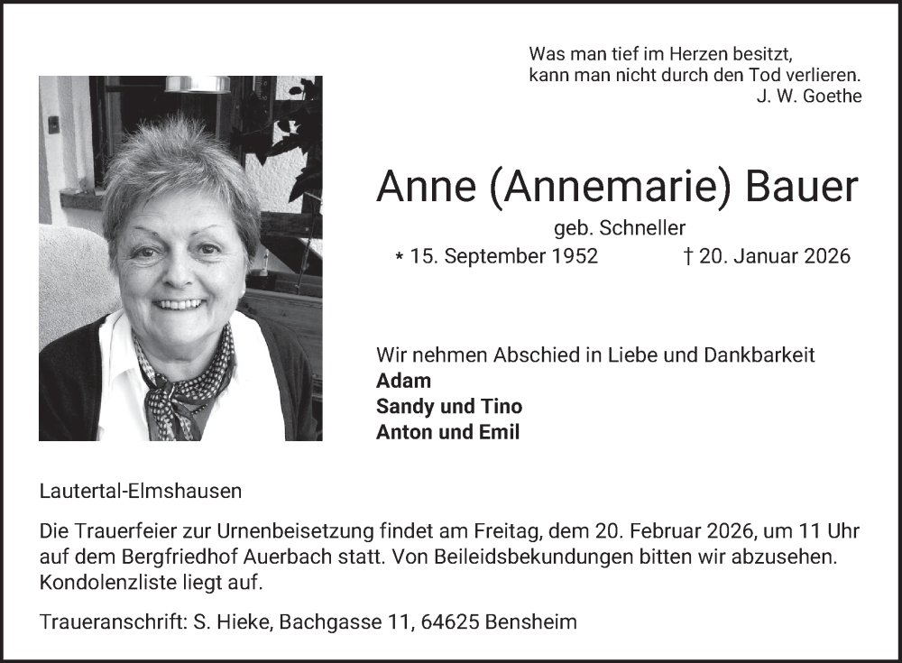  Traueranzeige für Anne Bauer vom 14.02.2026 aus Bergsträßer Anzeiger