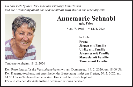 Traueranzeige von Annemarie Schnabl von Fränkische Nachrichten