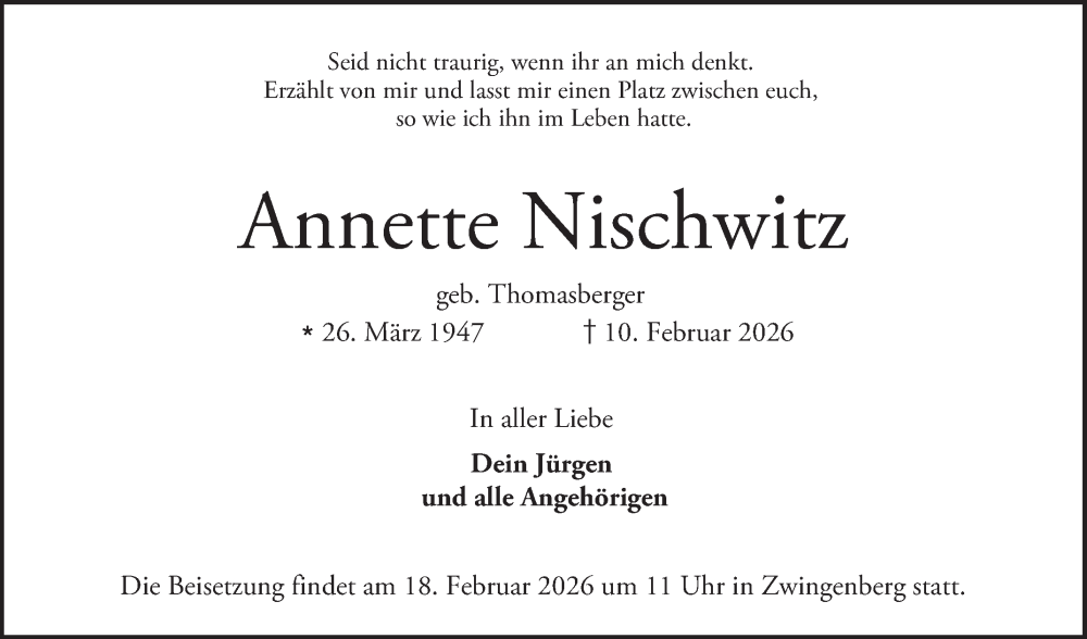 Traueranzeige für Annette Nischwitz vom 14.02.2026 aus Bergsträßer Anzeiger