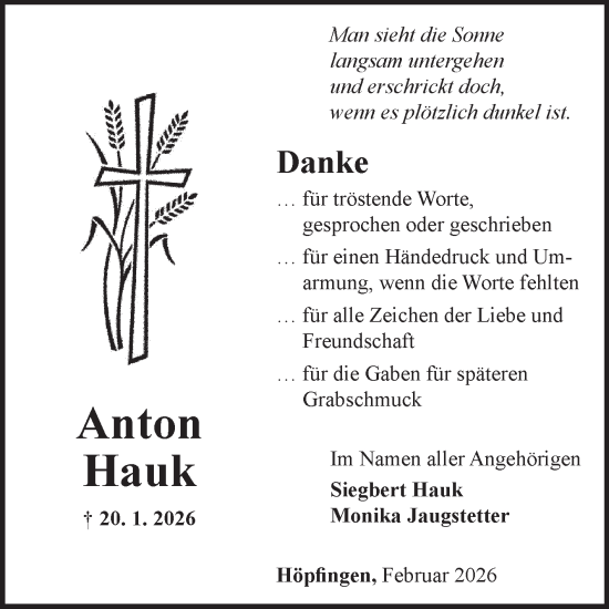 Traueranzeige von Anton Hauk von Fränkische Nachrichten