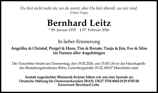 Traueranzeige von Bernhard Leitz von Mannheimer Morgen