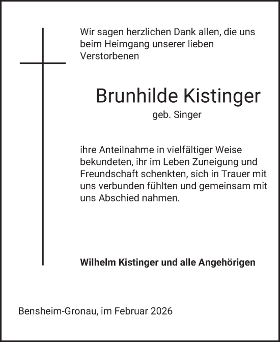 Traueranzeige von Brunhilde Kistinger von Bergsträßer Anzeiger