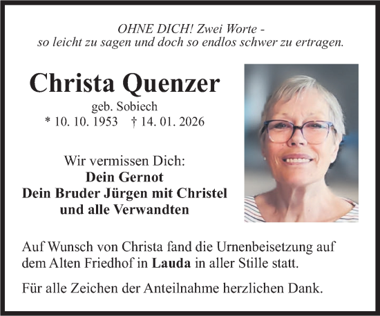 Traueranzeige von Christa Quenzer von Fränkische Nachrichten