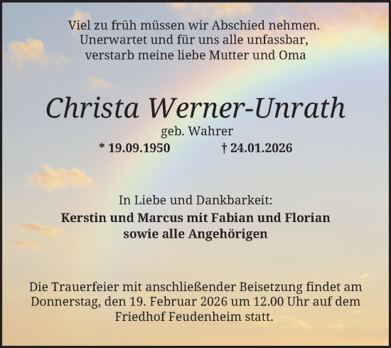 Traueranzeige von Christa Werner-Unrath von Mannheimer Morgen