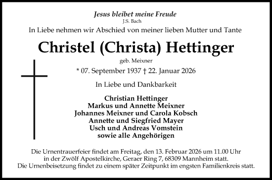 Traueranzeige von Christel Hettinger von Mannheimer Morgen