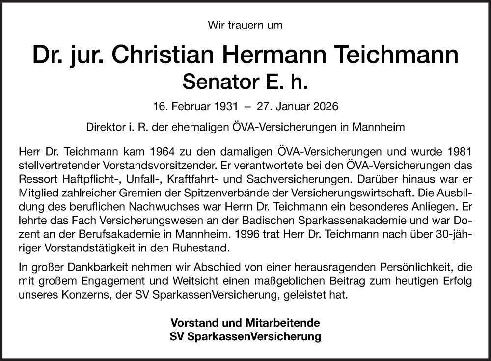 Traueranzeige für Christian Hermann Teichmann vom 14.02.2026 aus Mannheimer Morgen