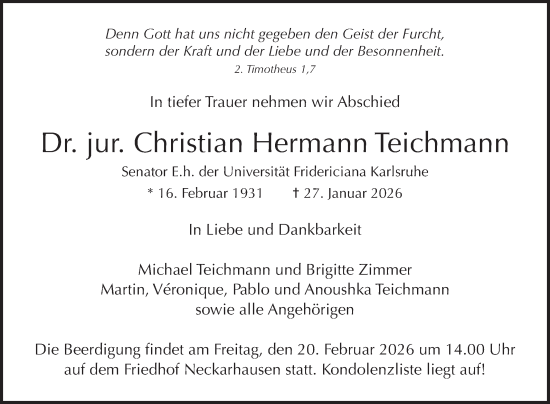 Traueranzeige von Christian Hermann Teichmann von Mannheimer Morgen