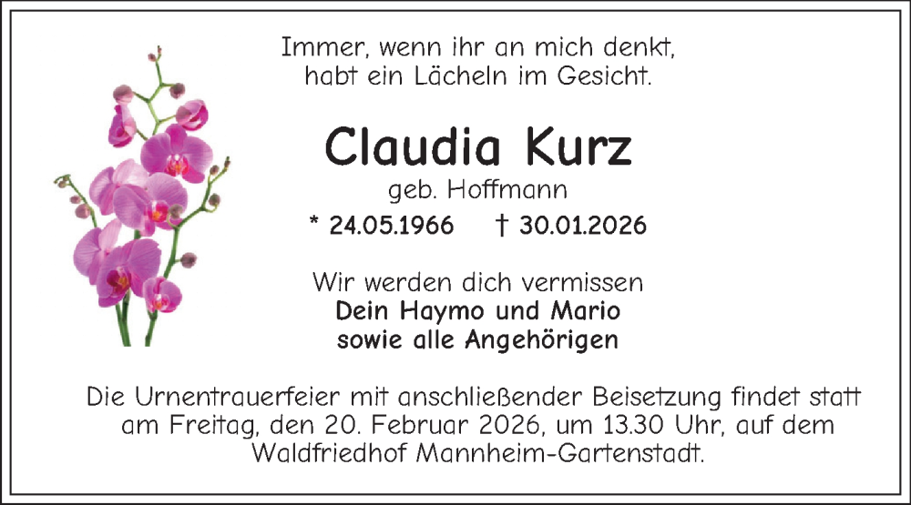  Traueranzeige für Claudia Kurz vom 14.02.2026 aus Mannheimer Morgen