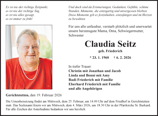 Traueranzeige von Claudia Seitz von Fränkische Nachrichten