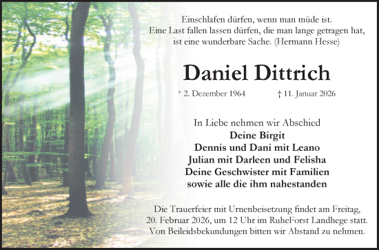 Traueranzeige von Daniel Dittrich von Fränkische Nachrichten