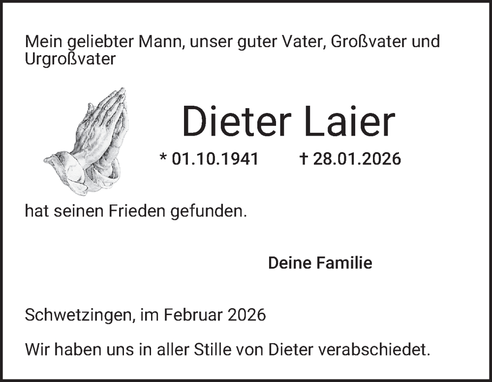  Traueranzeige für Dieter Laier vom 07.02.2026 aus Schwetzinger Zeitung