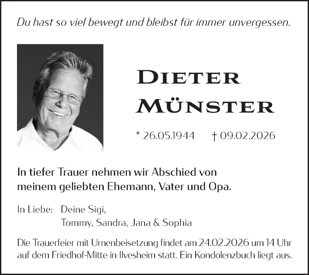  Traueranzeige für Dieter Münster vom 14.02.2026 aus Mannheimer Morgen