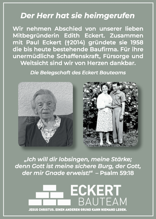 Traueranzeige von Edith Eckert von Fränkische Nachrichten
