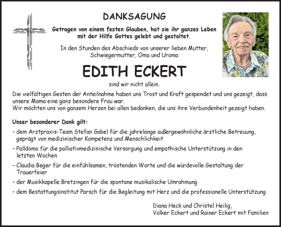 Traueranzeige von Edith Eckert von Fränkische Nachrichten