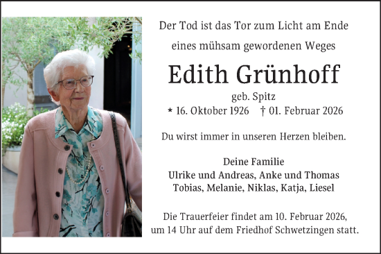 Traueranzeige von Edith Grünhoff von Schwetzinger Zeitung