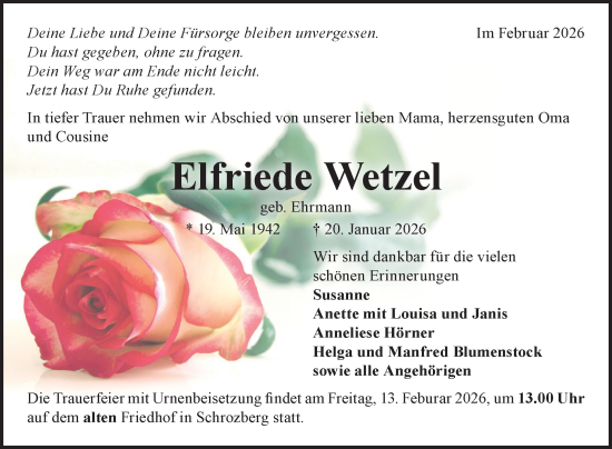 Traueranzeige von Elfriede Wetzel von Fränkische Nachrichten
