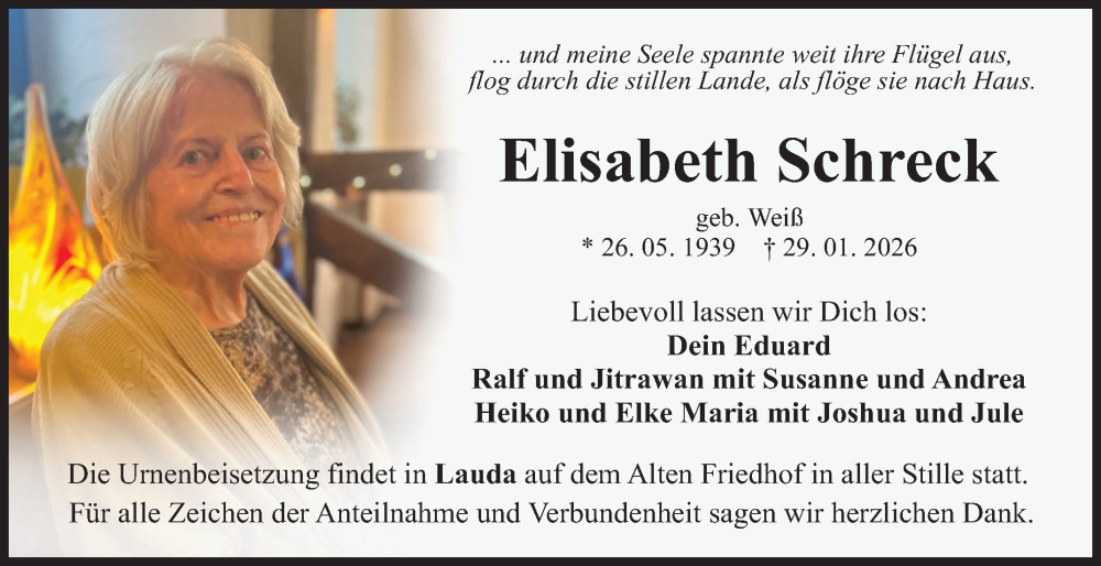  Traueranzeige für Elisabeth Schreck vom 14.02.2026 aus Fränkische Nachrichten