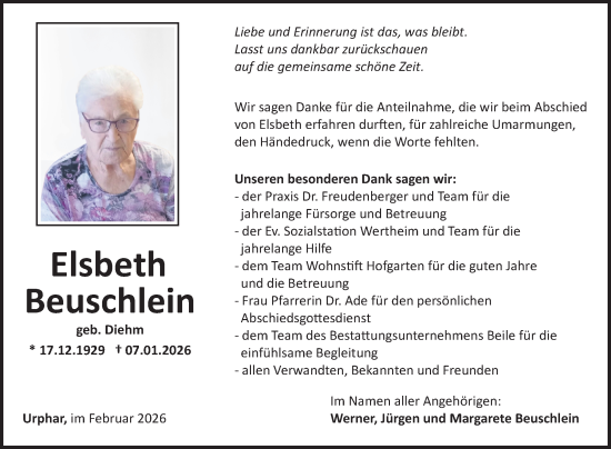Traueranzeige von Elsbeth Beuschlein von Fränkische Nachrichten