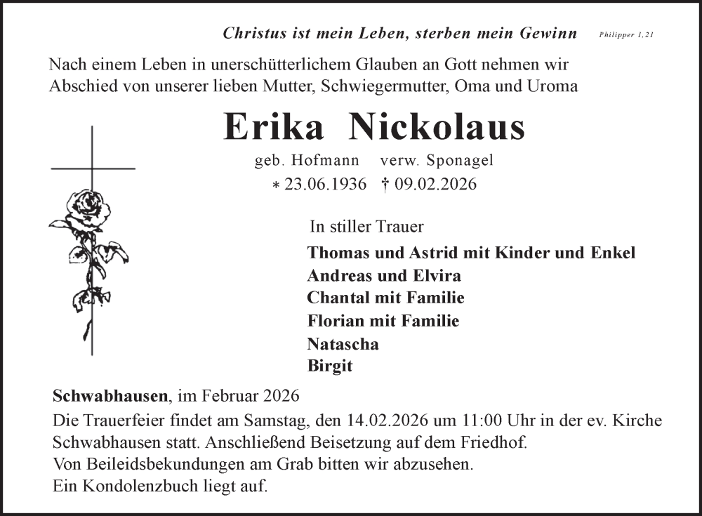  Traueranzeige für Erika Nickolaus vom 12.02.2026 aus Fränkische Nachrichten