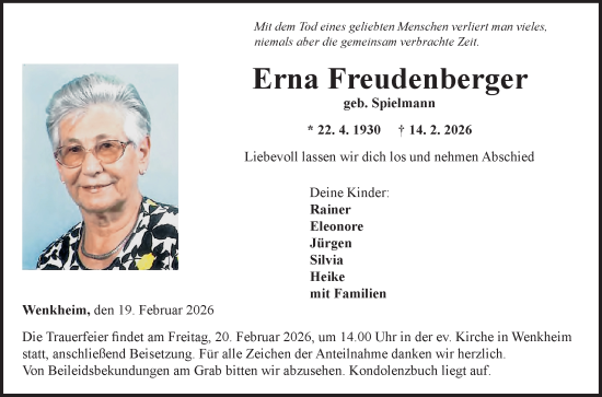 Traueranzeige von Erna Freudenberger von Fränkische Nachrichten