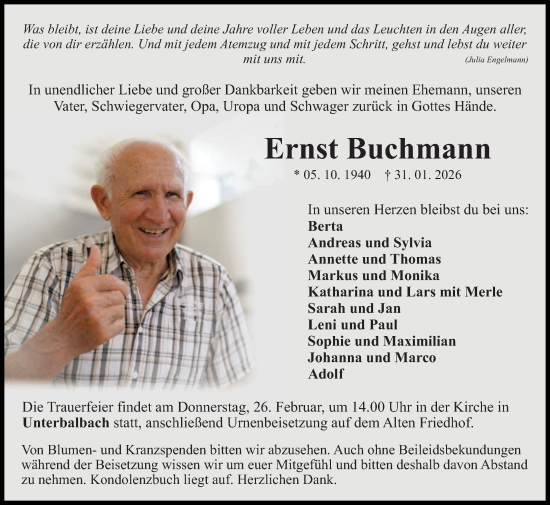 Traueranzeige von Ernst Buchmann von Fränkische Nachrichten