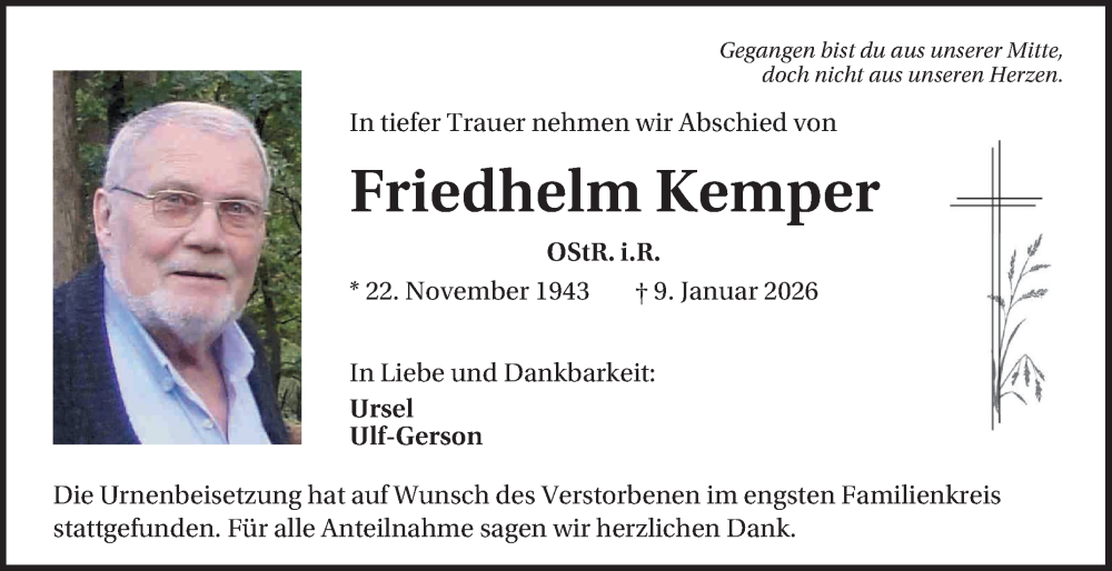  Traueranzeige für Friedhelm Kemper vom 21.02.2026 aus Mannheimer Morgen