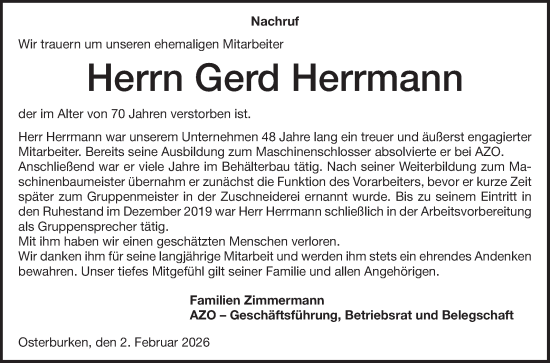 Traueranzeige von Gerd Herrmann von Fränkische Nachrichten