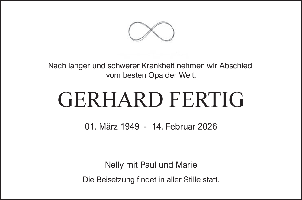  Traueranzeige für Gerhard Fertig vom 20.02.2026 aus Fränkische Nachrichten