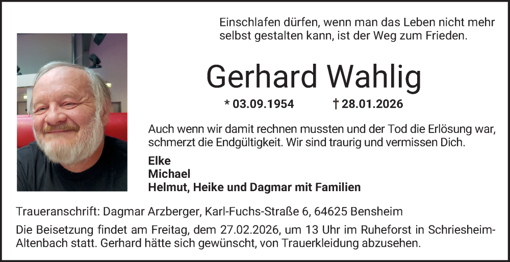  Traueranzeige für Gerhard Wahlig vom 14.02.2026 aus Bergsträßer Anzeiger