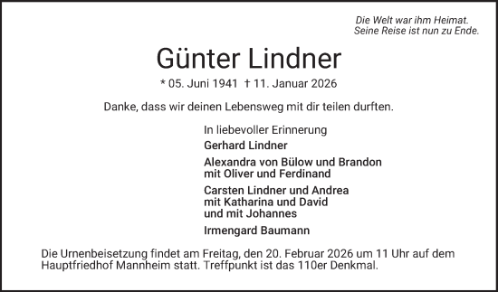 Traueranzeige von Günter Lindner von Mannheimer Morgen