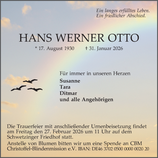 Traueranzeige von Hans Werner Otto von Schwetzinger Zeitung