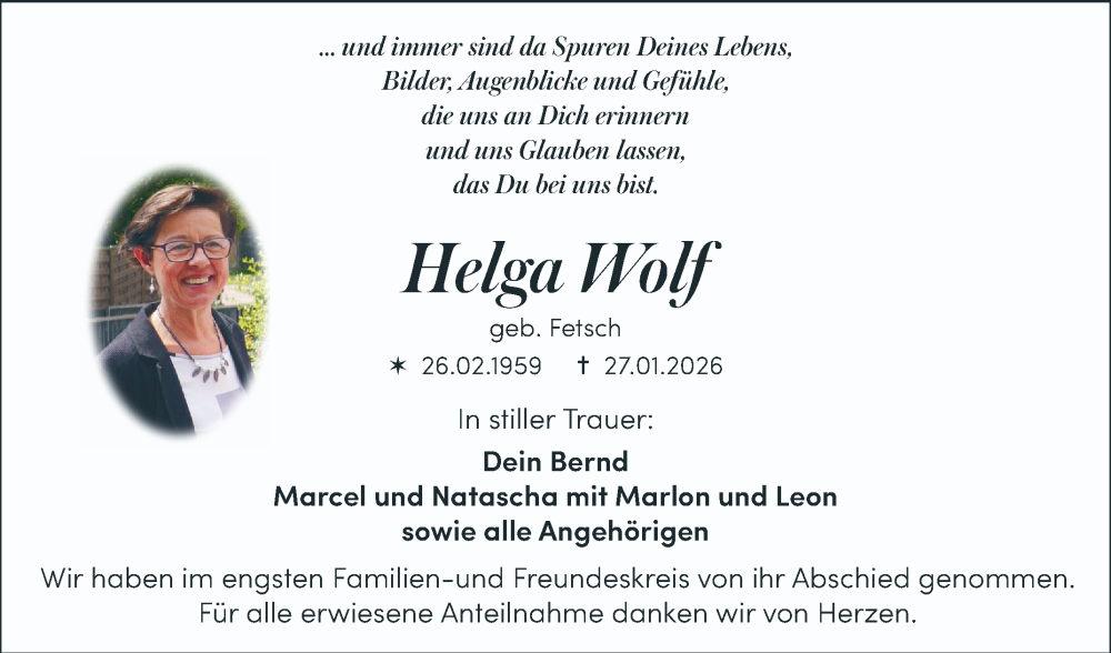  Traueranzeige für Helga Wolf vom 14.02.2026 aus Mannheimer Morgen