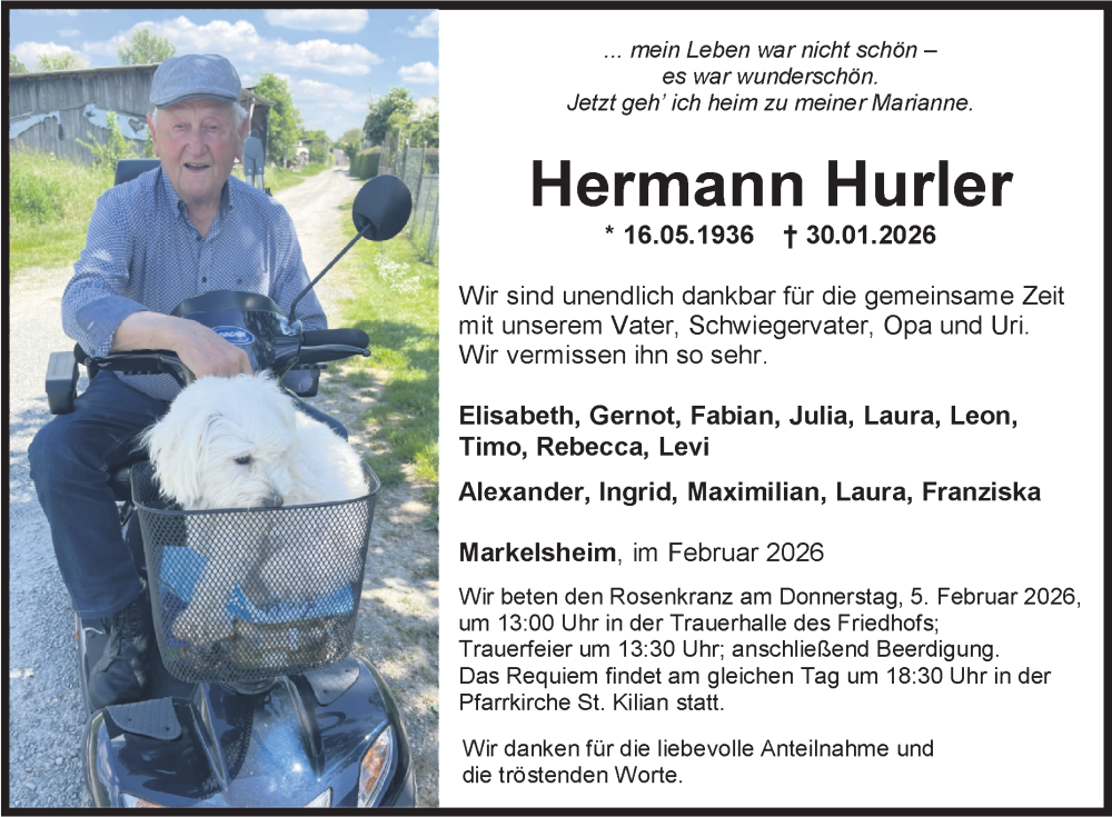  Traueranzeige für Hermann Hurler vom 03.02.2026 aus Fränkische Nachrichten