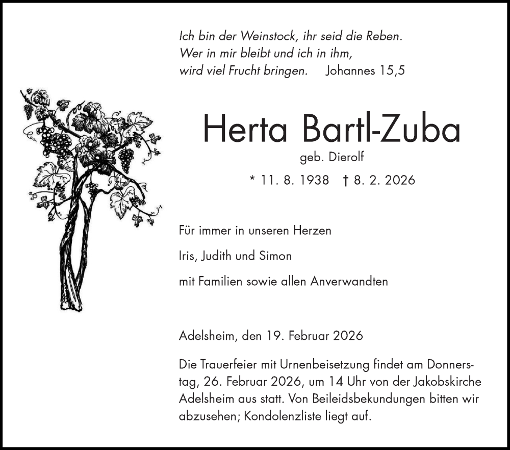  Traueranzeige für Herta Bartl-Zuba vom 19.02.2026 aus Fränkische Nachrichten