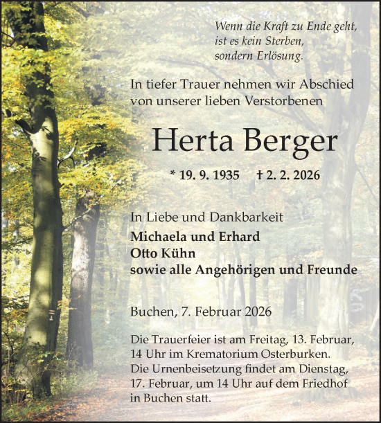 Traueranzeige von Herta Berger von Fränkische Nachrichten