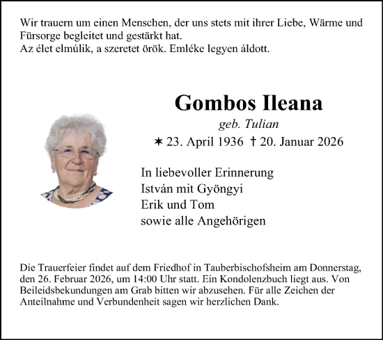 Traueranzeige von Ileana Gombos von Fränkische Nachrichten