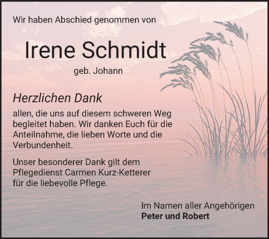 Traueranzeige von Irene Schmidt von Schwetzinger Zeitung
