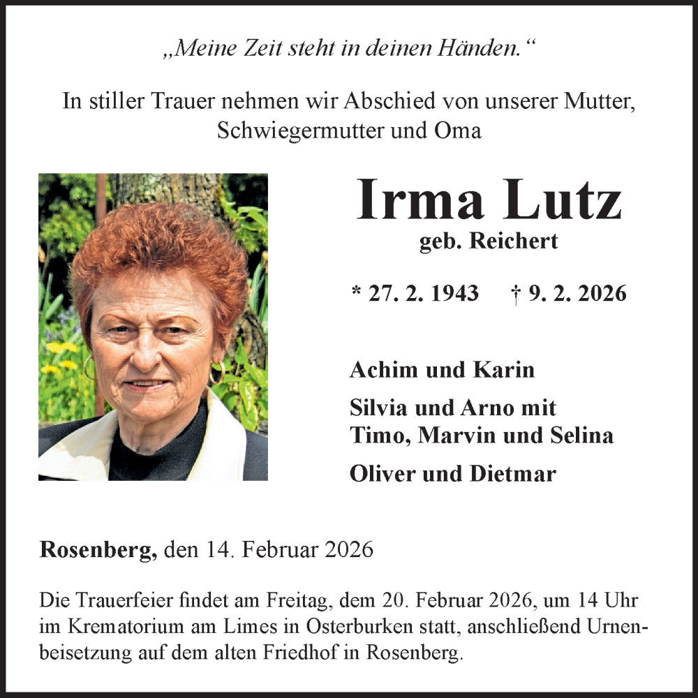  Traueranzeige für Irma Lutz vom 14.02.2026 aus Fränkische Nachrichten
