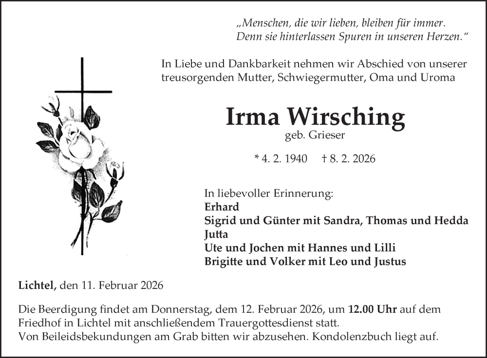  Traueranzeige für Irma Wirsching vom 11.02.2026 aus Fränkische Nachrichten