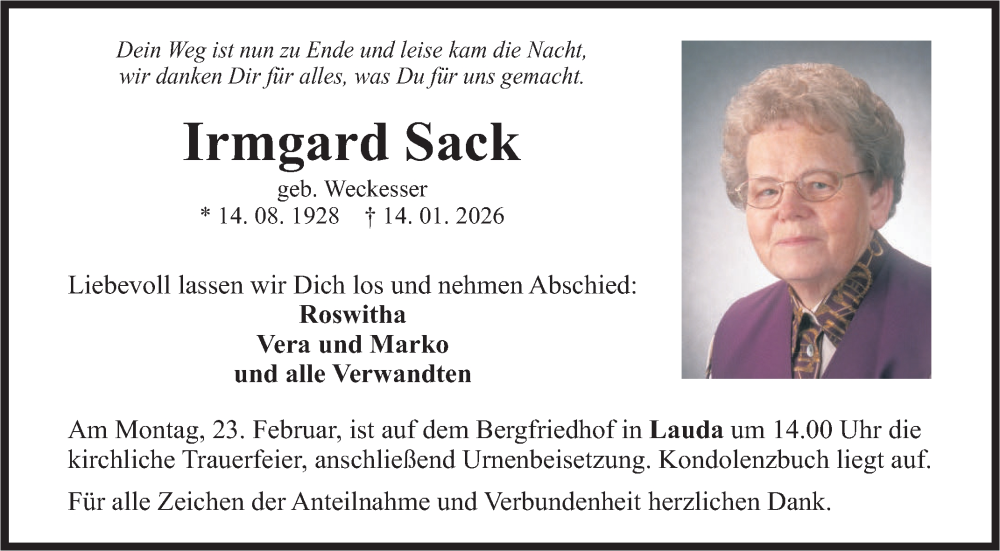  Traueranzeige für Irmgard Sack vom 17.02.2026 aus Fränkische Nachrichten