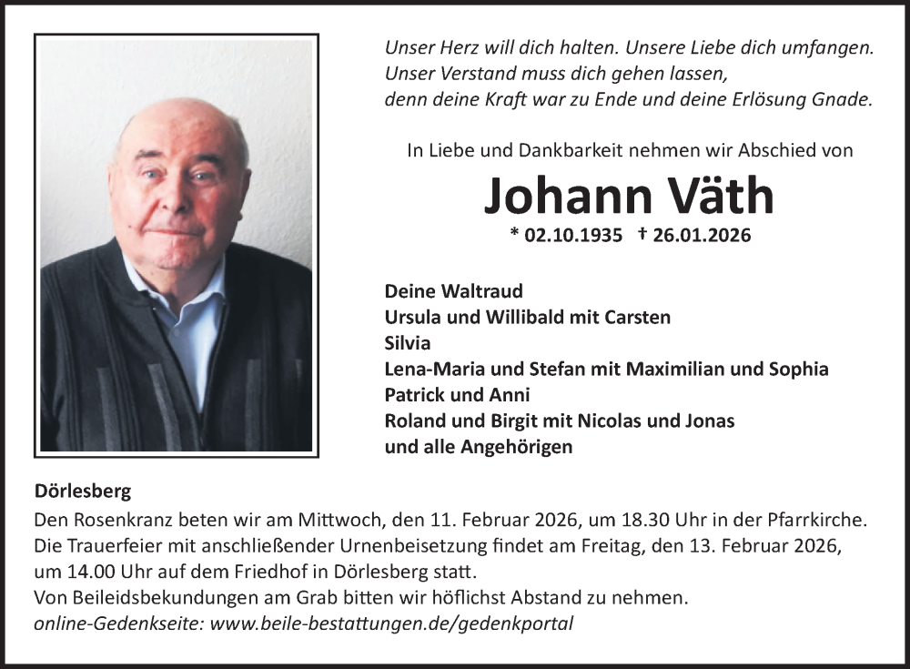  Traueranzeige für Johann Väth vom 07.02.2026 aus Fränkische Nachrichten