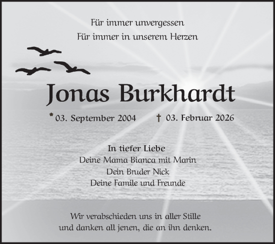 Traueranzeige von Jonas Burkhardt von Bergsträßer Anzeiger