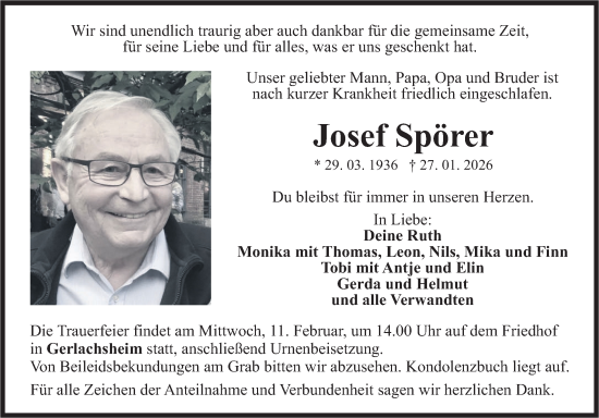 Traueranzeige von Josef Spörer von Fränkische Nachrichten