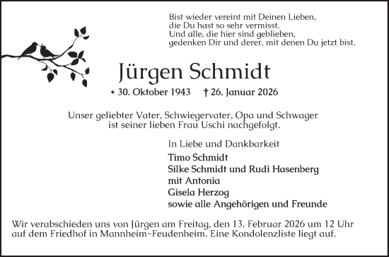 Traueranzeige von Jürgen Schmidt von Mannheimer Morgen