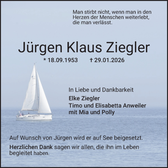 Traueranzeige von Jürgen Klaus Ziegler von Schwetzinger Zeitung