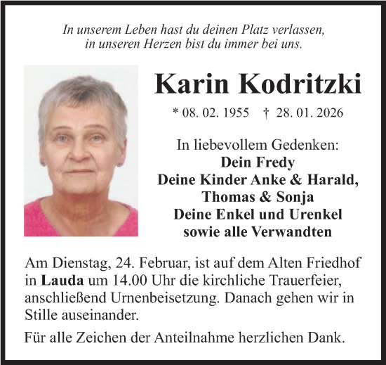 Traueranzeige von Karin Kodritzki von Fränkische Nachrichten