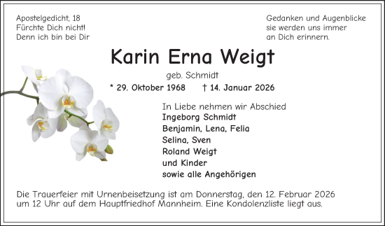 Traueranzeige von Karin Erna Weigt von Mannheimer Morgen