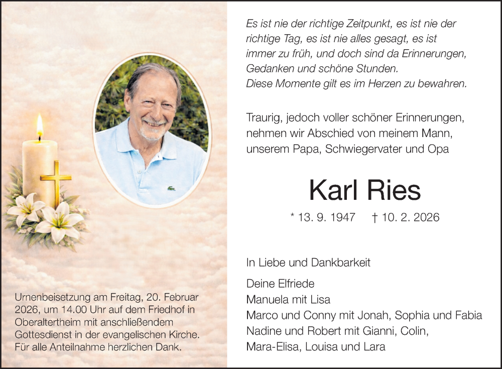  Traueranzeige für Karl Ries vom 14.02.2026 aus Fränkische Nachrichten