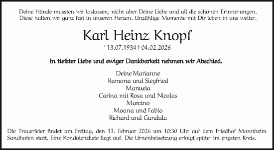 Traueranzeige von Karl Heinz Knopf von Mannheimer Morgen