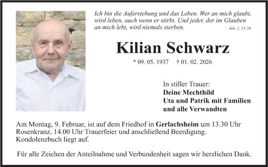 Traueranzeige von Kilian Schwarz von Fränkische Nachrichten